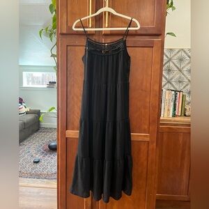 Elegant Black Lace Trim Tiered Summer Dress